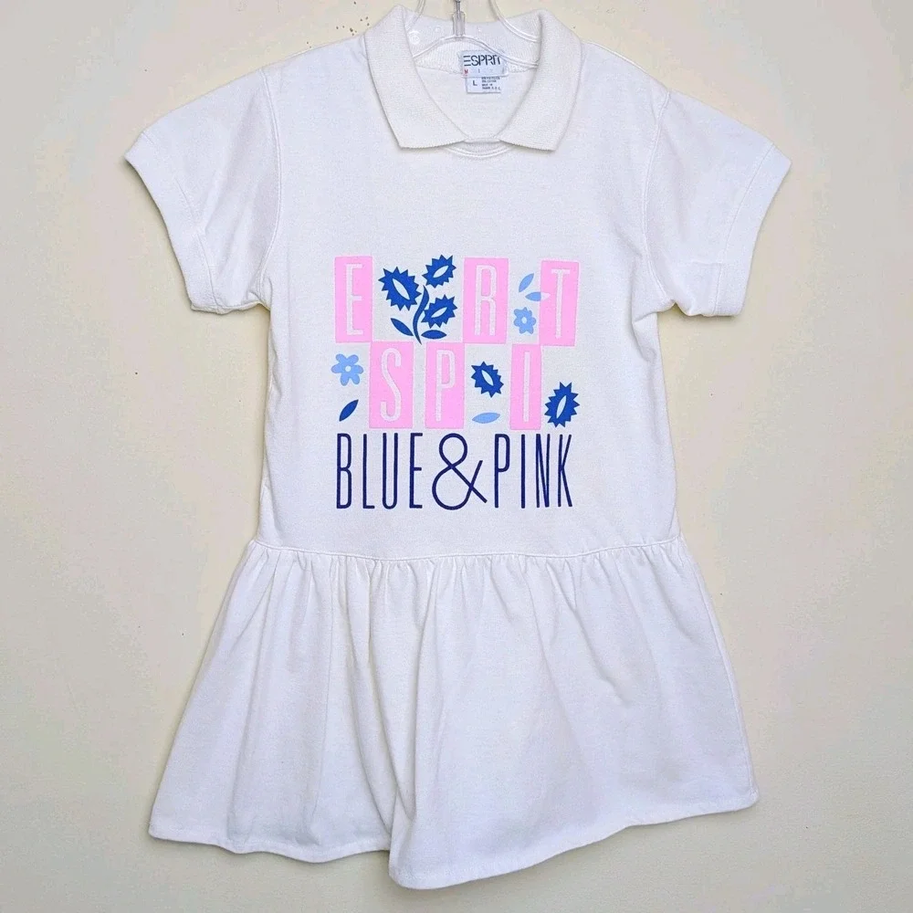 Vintage Esprit Mini Pink Blue Floral Collar 80s Cotton‎ USA Dress Girls Sz Large